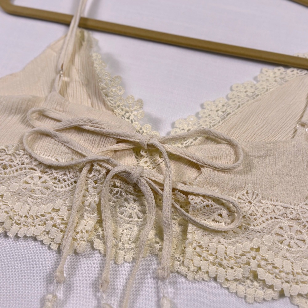 Boho Lace Bralette XL Fairycore Festival Tassel Tie Crop Top Cream Western - Picture 9 of 17